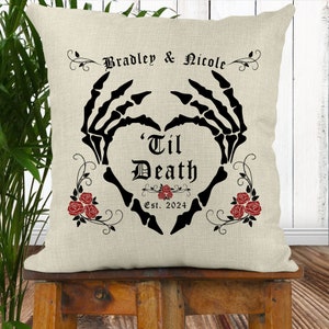 Gothic Home Decor, Til Death Skeleton Custom Goth Valentines Day Throw Pillow Cover with Newlywed Couples Names, Wedding Gift, Custom Pillow