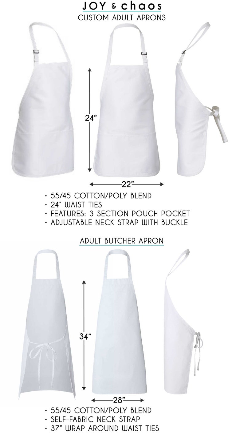 May include: Two white butcher aprons with adjustable neck straps and waist ties. The apron on the left is 34 inches long and 28 inches wide. The apron on the right is 24 inches long and 22 inches wide. Both aprons have a three-section pouch pocket.