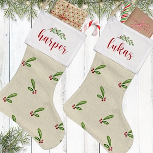 Personalized Holly Print Christmas Stockings with Name: Elegant Holiday Décor