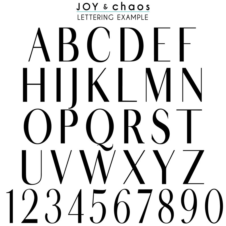 May include: A black and white lettering example chart featuring the text JOY & CHAOS at the top. The image displays the full uppercase English alphabet from A to Z followed by the numbers 0 through 9 in a clean, serif font style on a white background.