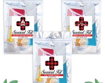 Custom Plaid Cross Survival Kit Labels + Bags | Camping Bachelorette Favors | Mountain Girls Trip | Personalized Bachelor Party Gifts
