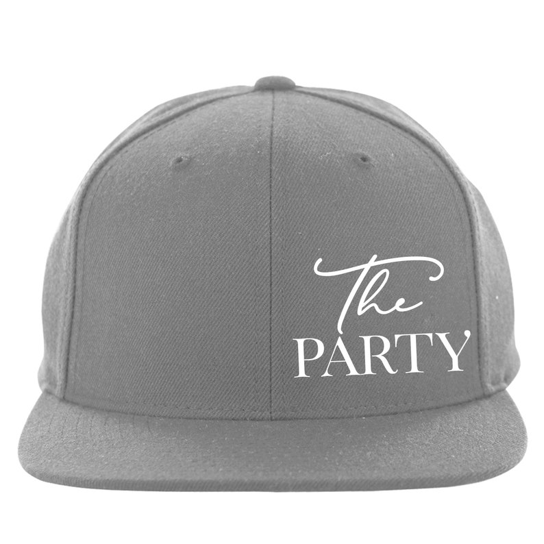 May include: Gray baseball cap with white text that reads "The PARTY".