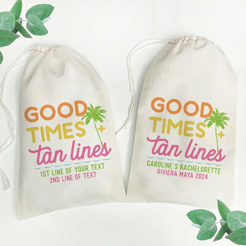 Personalized Beach Birthday or Bachelorette Favor Bags | Good Times & Tan Lines Gift Bags | Tropical Party Supplies image 1