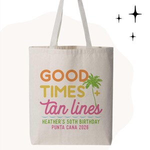 Personalized Beach Birthday or Bachelorette Favor Bags | Good Times & Tan Lines Gift Bags | Tropical Party Supplies 12oz Canvas Tote Bag
