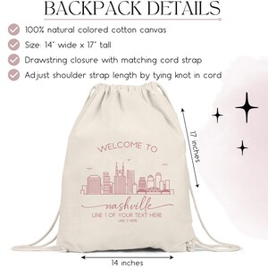 May include: A natural-colored cotton canvas drawstring backpack. The bag features a red line drawing of the Nashville skyline with the words "WELCOME TO Nashville" and space for custom text. The bag is 14 inches wide and 17 inches tall.