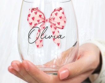 Custom Valentine’s Day Shatterproof Wine Glass With Name & Bow | Custom Galentine’s Party Favors For Friends