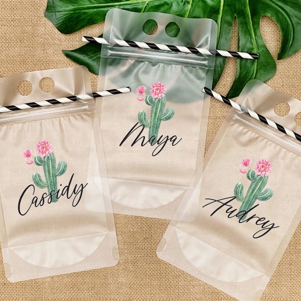 Custom Drink Pouches - Cactus Party Favors for Desert Bridal Shower - Palm Springs Bachelorette Party Supplies - Personalized Wine Bag Cups