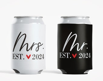 Mr. and Mrs. Can Coolers - Established 2024 - Honeymoon Gift for Couple - Bride and Groom Can Cozies - His and Hers Wedding Can Coolers