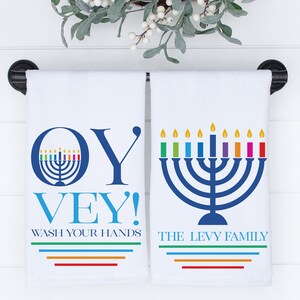 Hanukkah Decor - Set of 2 Hanukkah Hand Towels: Oy Vey & Menorah - Personalized Hanukkah Gift for Jewish Family - Funny Guest Bathroom Decor