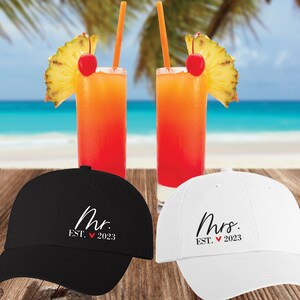 Mr and Mrs Honeymoon Hats with Year Established | His and Hers Just Married Baseball Hats image 2