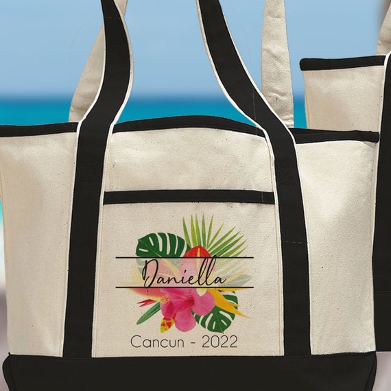 Tropical Beach Bag Personalized Large Canvas Beach Tote Bags Hawaii Beach Bags With Names Jamaica Gifts Mexico Trip Beach Carryall Etsy