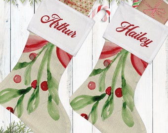 Christmas Stockings with Names, Custom Stocking Set for Family, Watercolor Winter Leaf Mistletoe Bough Decor, Elegant Christmas Decorations