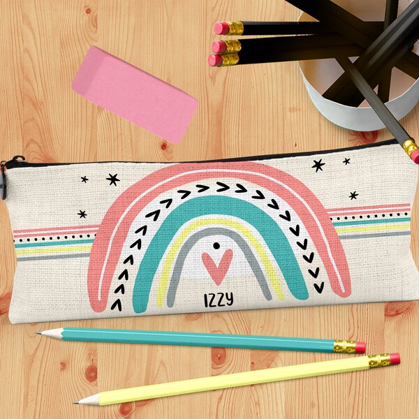 Girls Zipper Pouch - Custom Kids Pencil Case + Hand Sanitizer Holder - Boho Rainbow School Supplies - Tween Girl Personalized Makeup Bags