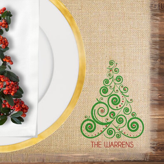 Personalized Jute Burlap Christmas Placemat Set, Rustic Christmas Home