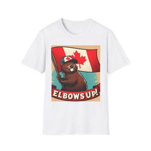 Ellbogen hoch Kanadischer Patriotismus Unisex Softstyle T-Shirt, Kanada-Flaggen-T-Shirt, Ahornblatt-Shirt, stolze kanadische Kleidung, Vaterländische Kleidung
