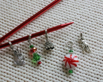 Stitch Markers for Knitting, Gifts for Knitters, Christmas, Holiday, Peppermint, Christmas Tree, Reindeer, Stocking - Set of 5