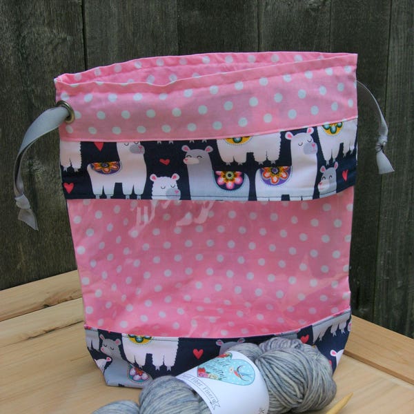 Knitting Project Bag/Midi Fishbowl/Llamas & Alpacas with Pink Polka Dots