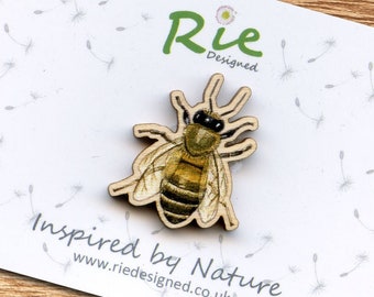 Honey Bee Brooch, Wooden Bee Badge, Wood Insect Nature Wildlife Jewellery Gift