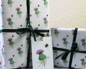 Thistle Wrapping Paper British Scottish Wild Flower and Bumblebee Gift Wrap + Tags Full Sheets 50x70cm