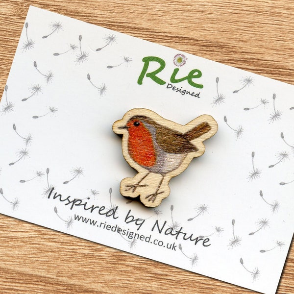 Robin Brooch, Wooden Garden Bird Wood Pin Badge, Robin Redbreast Jewellery