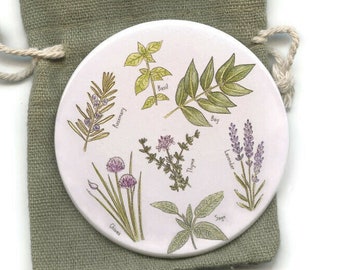 Herbs Pocket 76mm Handbag Mirror in Cotton Drawstring Gift Bag, Cooks, Herb Lovers Gift