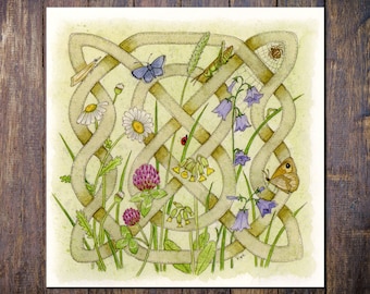 Celtic Knot Card, Celtic Flora, Meadow Wild Flowers with Insects Square Blank Greetings Card, ideal Birthday, Thank You, Notecard