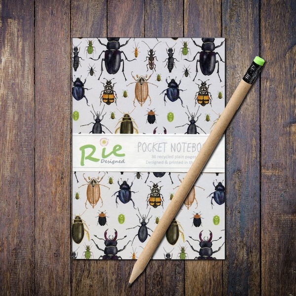 Beetles Notebook A6 Recycled Plain Paper Journal Jotter Notebook Sketch British Bugs Pocket Insect Note Book