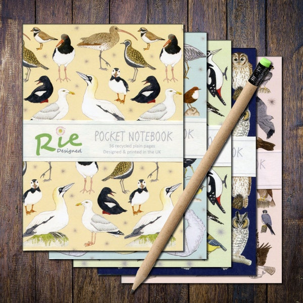 Bird Notebooks A6 Recycled Plain Paper Jotter Sketch British Water, Sea, Garden, Bird of Prey, Owls Pocket Note Book Pack of 5 or singly
