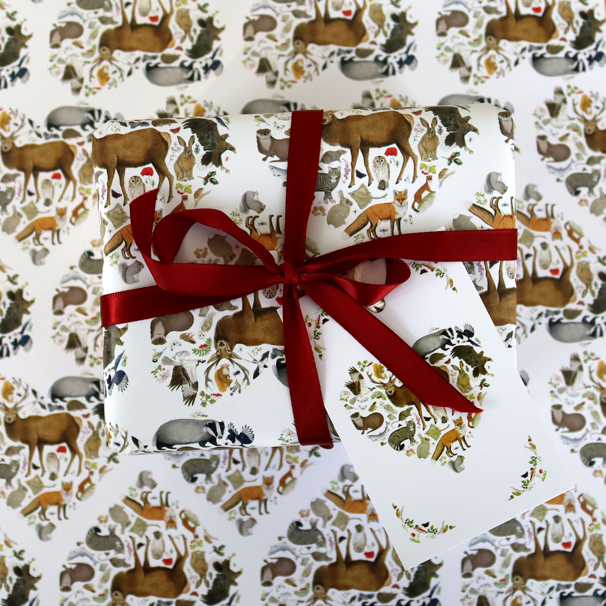 Woodland wrapping paper. Red squirrel gift wrap. wildlife gift. woodland  gift. Badger, hares, bunnies, owls, toadstools. Mixed animal paper