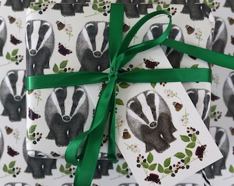 Badger & Brambles Wrapping Paper British Woodland Mammals Gift Wrap + Tags Full Sheets 50x70cm