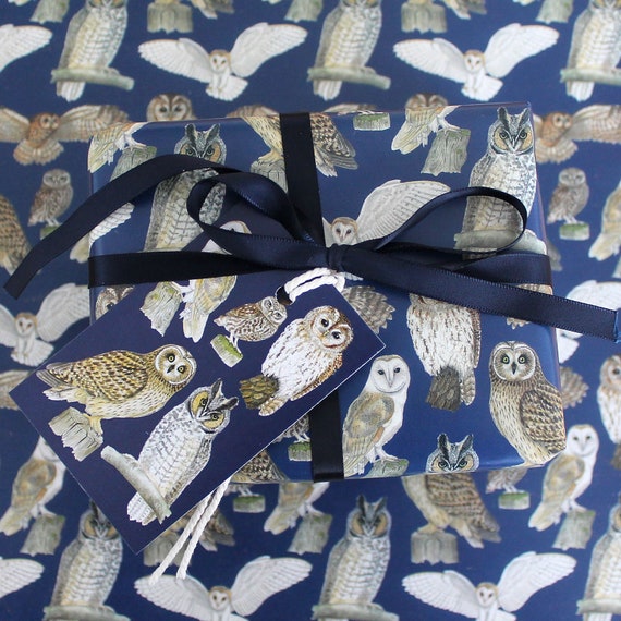 British Owls Wrapping Paper, Barn, Tawny, Little, Long-eared, Short-eared Owl, Gift Wrap + Tags Full Sheets 50x70cm