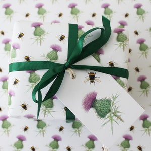 Thistle Wrapping Paper British Scottish Wild Flower and Bumblebee Gift Wrap + Tags Full Sheets 50x70cm