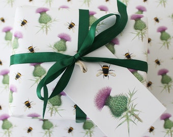 Thistle Wrapping Paper British Scottish Wild Flower and Bumblebee Gift Wrap + Tags Full Sheets 50x70cm