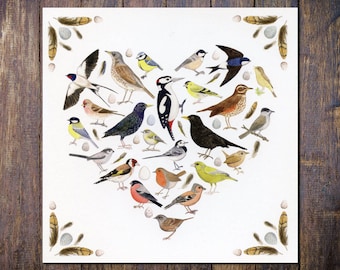 Love Birds, Nature Heart Square Blank Greetings Card, for Valentines, Anniversary, Birthday, for Animal, Wildlife Lovers, Recycled