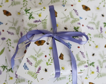 Meadow Wild Flower Wrapping Paper British Wildflower Butterflies and Bumblebee Gift Wrap + Tags Full Sheets 50x70cm