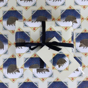 Winter Hedgehog Christmas Wrapping Paper, Recyclable Luxury Animal Holiday Gift Wrap + Tags Full Sheets 50x70cm