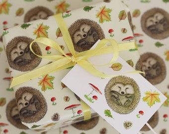Sleeping Hedgehog Wrapping Paper British Woodland Animal Gift Wrap + Tags Full Sheets 50x70cm