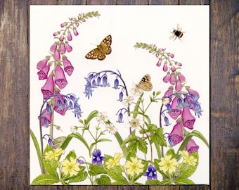 Woodland Wild Flowers Card, British Wildflowers, Butterflies & Bees Blank Square Greetings Card, Foxgloves, Bluebells, Primroses, Violets