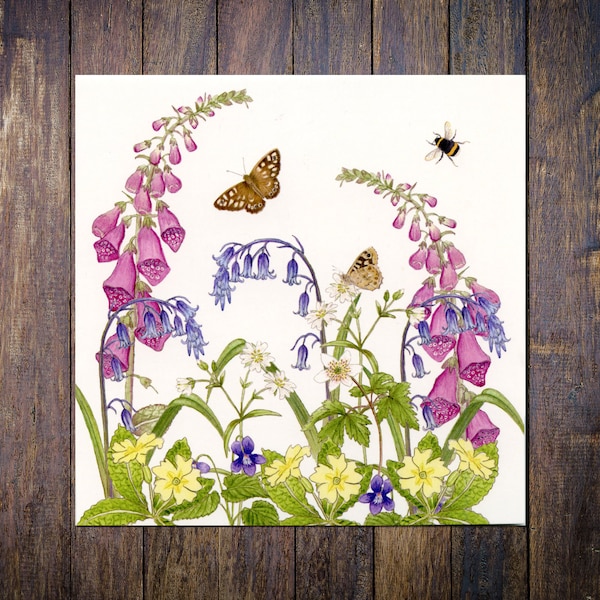 Woodland Wild Flowers Card, British Wildflowers, Butterflies & Bees Blank Square Greetings Card, Foxgloves, Bluebells, Primroses, Violets