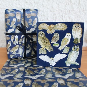 May include: Gift wrap and a greeting card featuring various owl illustrations on a navy blue background. The gift wrap is tied with a black ribbon. A sheet of wrapping paper with the same owl pattern is also visible.