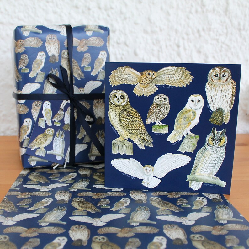 May include: Gift wrap and a greeting card featuring various owl illustrations on a navy blue background. The gift wrap is tied with a black ribbon. A sheet of wrapping paper with the same owl pattern is also visible.