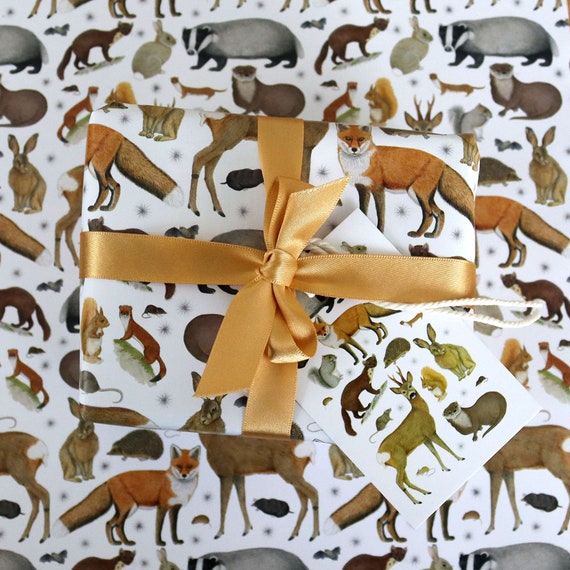 Wild Animal Wrapping Paper British Woodland Mammals Gift Wrap Tags Full  Sheets 50x70cm Fox, Badger, Hedgehog, Hare, Red Squirrel 