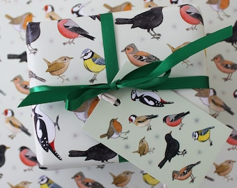 British Garden Birds Wrapping Paper Bird Bluetit Robin Wren Blackbird Woodpecker Chaffinch Goldfinch Gift Wrap + Tags Full Sheets 50x70cm