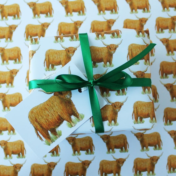 Highland Cow Wrapping Paper Belted Galloway Cow Gift Wrap + Tags Full Sheets 50x70cm