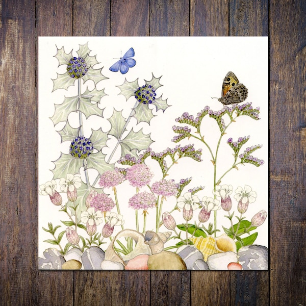 Coastal Wildflowers Card, British Wild Flowers, Butterflies Blank Square Greetings Card Sea Holly, Sea Lavender, Thrift, Shells, Notecard