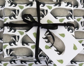 Badger & Bracken Wrapping Paper British Woodland Mammals Gift Wrap + Tags Full Sheets 50x70cm