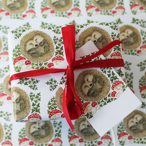 Christmas Hedgehog Wrapping Paper Holly, Recyclable Luxury Animal Holiday Gift Wrap + Tags Full Sheets 50x70cm