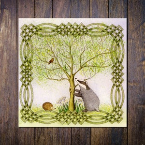 Celtic Badger Square Blank Greetings Card, Nature, Wildlife, Tree, Hedgehog, Ideal Birthday, Thank you, Anniversary, Notecard