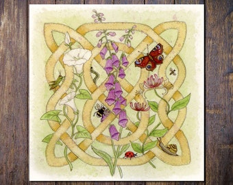 Celtic Knot Card, Celtic Flora, Hedgerow Wild Flowers with Insects Square Blank Greetings Card, ideal Birthday, Thank You, Notecard