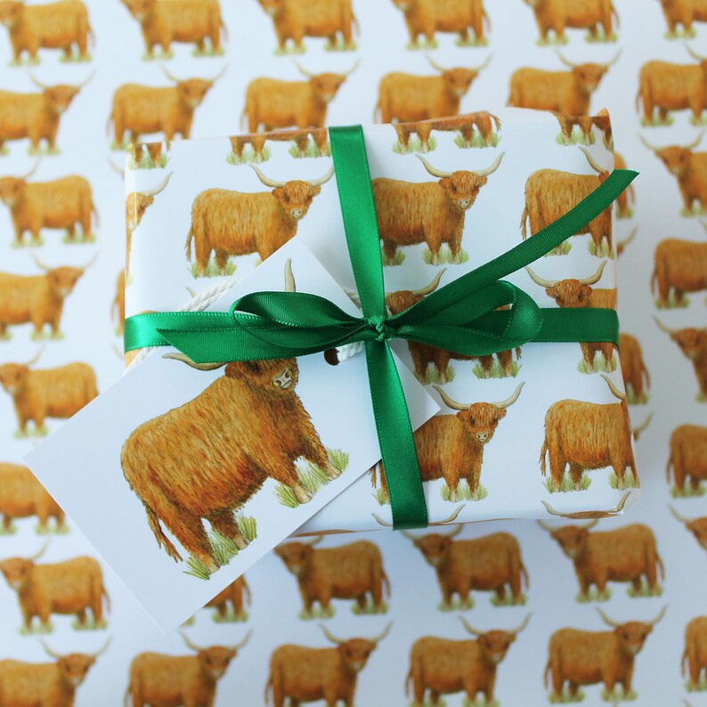May include: A wrapped gift with white paper featuring a repeating pattern of brown Highland cows. The gift is tied with a green ribbon and a matching tag with a cow illustration. The background is the same patterned paper.